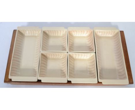 A vintage / retro 20th century Susie Cooper ceramic set of six sectional crudities / dips dishes on the original wooden carry