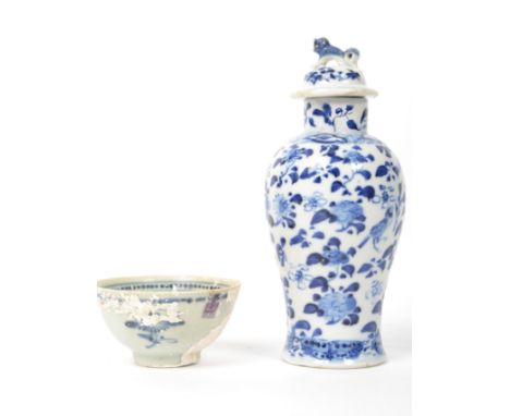 An early 20th century Oriental Chinese ceramic blue and white vase of Meiping shape having a Fu Dod finial lid along with a N