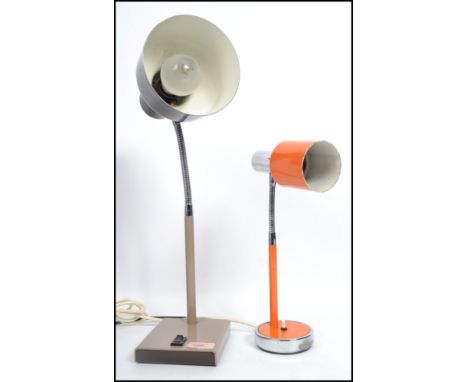 A retro 1970's gooseneck anglepoise desk lamp with clicker switch to the plinth base together with another gooseneck in orang