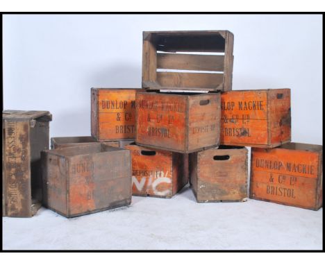 A collection of ten vintage retro beer / ale transportation / advertising stacking cases, each case with notation to the side