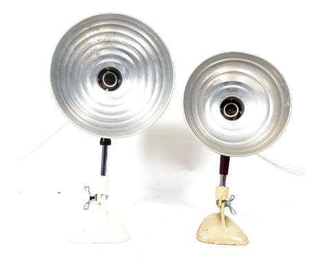 A pair of vintage mid century Pifco heat lamp with UFO Space age style pendant shade being converted to desk lamps.