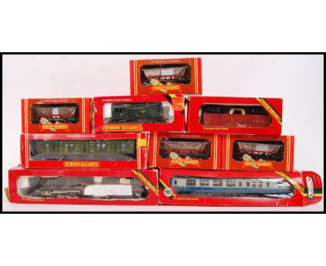 A collection of 9x Hornby 00 gauge railway trainset rolling stock to include; R.156 Class 08 Diesel Shunter, weathered R.238 