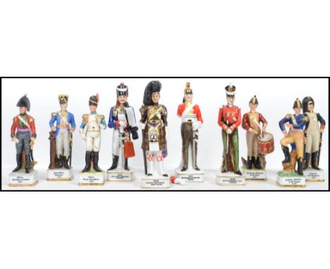 A collection of ten various Napoleonic style ceramic soldiers, each in full uniform and on a raised plinth base with the name