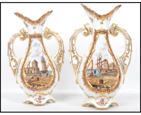 A pair of 19th century Dresden twin handled ceramic vases having a white ground with painted scenes of castles and boats with