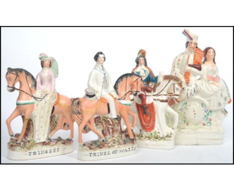A group of 19th century Staffordshire flat back ceramic fireside figurines to include Prince of  Wales and Princess, a dandy 