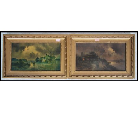 A pair of gilt framed antique style picture prints of river and country scenes. The pictures having a lacquered finish to giv