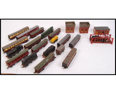 A large collection of vintage loose Triang railway locomotives & buildings to include; carriages, steam trains, bridge, wagon