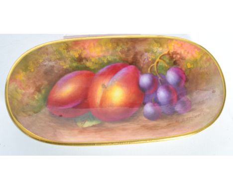 A mid 20th century Royal Worcester ceramic pin dish of lozenge form hand painted by artist Harry Aynton, signed depicting pea