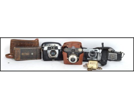A collection of 5 vintage cameras to include AGFA Clack, AGFA Isoly AGFA Karat and an AGFA folding camera and Haliner