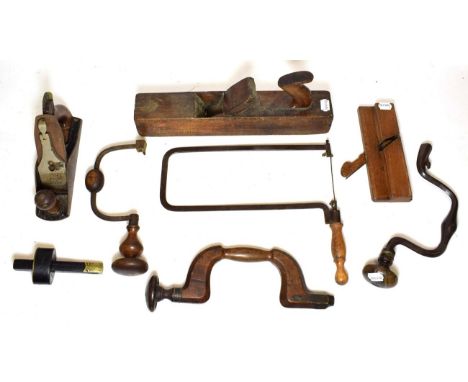 Various Woodworking Tools including wooden brace stamped 'J Wooden', two metal braces, gauge scribe 'T Turner', Coping saw, B