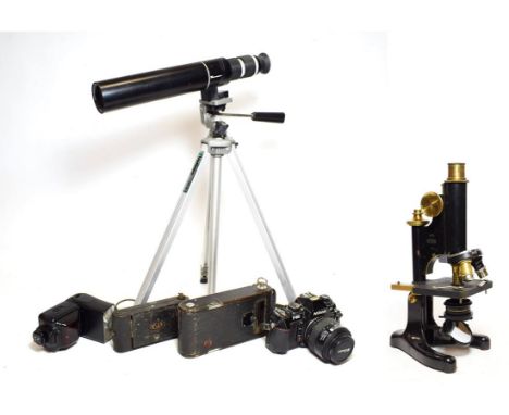 Beck (London) Model 22 Microscope no.1066, with three lens turret (cased) together with Bergeon scales, Eschenbach telescope 