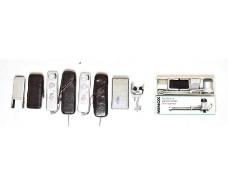 Minox Two Complan f3.5 15mm Cameras both in leather cases, with Viewer-Cutter (boxed) and a flash unit, in box bearing Specia
