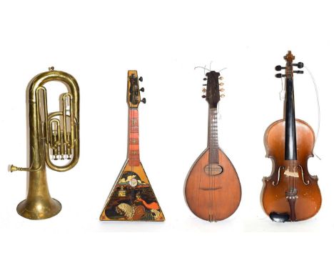 Various Instruments Flat back mandolin, no label, 17 frets, numerous cracks; Student violin Skylark brand 14 1/8 two piece ba