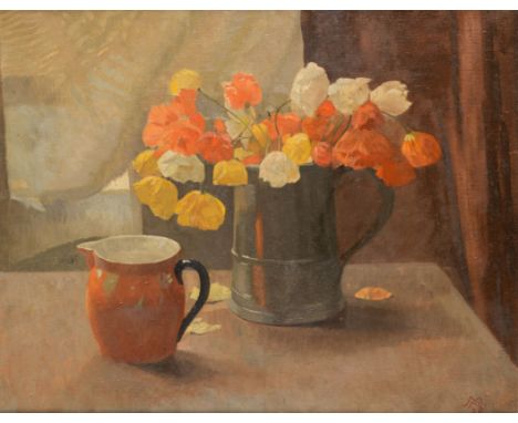 •□  SIR MILES FLETCHER DE MONTMORENCY Bt., R.B.A. (1893-1963) A STILL LIFE OF FLOWERS AND A JUGmonogrammed & dated l.r. 28 oi