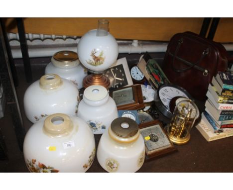 A QUANTITY OF VINTAGE LAMP SHADES, TOGETHER WITH A QUANTITY OF CLOCKS, BOOKS, ETC 