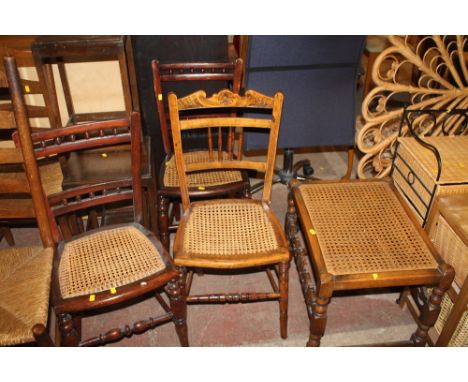 THREE WICKER BASED CHAIRS, TOGETHER WITH A MATCHING STOOL AND TWO SMALL TABLES