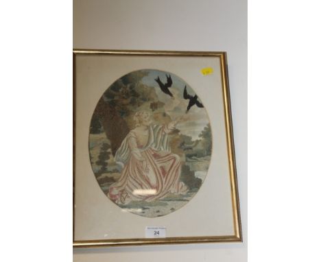 A DECORATIVE ANTIQUE FRAMED TAPESTRY DEPICTING A SITTING GENTLEMAN POSSIBLY FRANCIS OF ASSISI 
