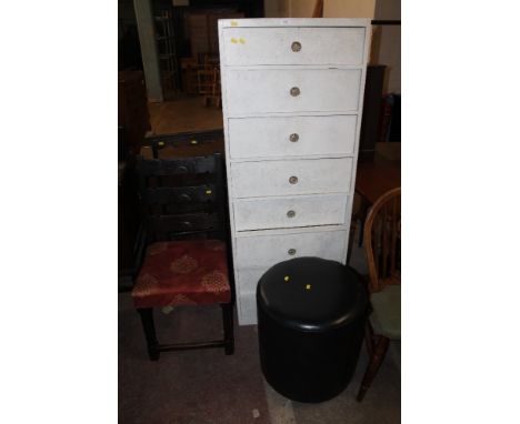 A TALL EIGHT DRAWER CHEST OF DRAWERS, TOGETHER WITH A HANGING SHELF, OAK CHAIR, POUFFE 