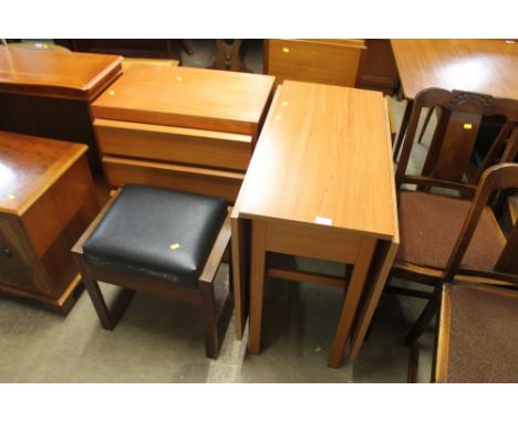 A RETRO STOOL TOGETHER WITH A CHEST OF DRAWERS AND A DROP LEAF TABLE 