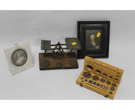 A SET OF VINTAGE SCALES AND WEIGHTS, TOGETHER WITH TWO FRAMED PORTRAITS, AND A CASED SET OF WEIGHTS 
