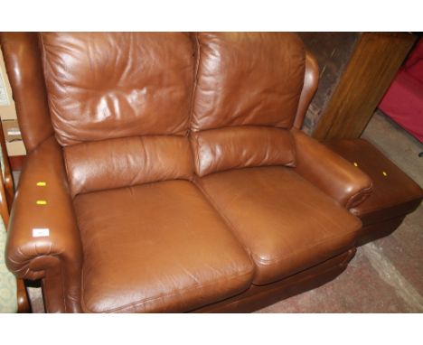 A G-PLAN BROWN LEATHER TWO SEATER SOFA AND MATCHING FOOT STOOL / STORAGE UNIT 