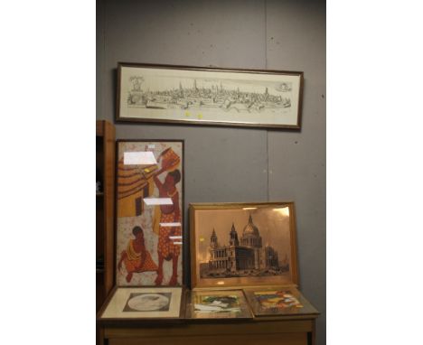 A QUANTITY OF ASSORTED PICTURES AND MIRRORS TO INCLUDE A FRAMED AND GLAZED AFRICAN TRIBAL PAINTING ON FABRIC SIGNED J. NGUGI,