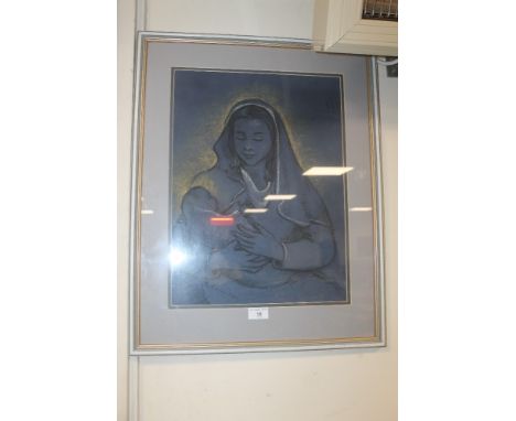 A FRAMED AND GLAZED PASTEL PAINTING OF MARY AND BABY JESUS, SIGNED E. P.