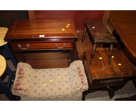 A QUANTITY OF ASSORTED FURNITURE TO INCLUDE SEWING BOX, STOOL, ETC 