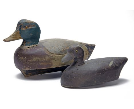 TWO VINTAGE HAND-CARVED WOODEN DUCK-DECOYS, both of possible commercial quality and possibly late 19th century, the first in 
