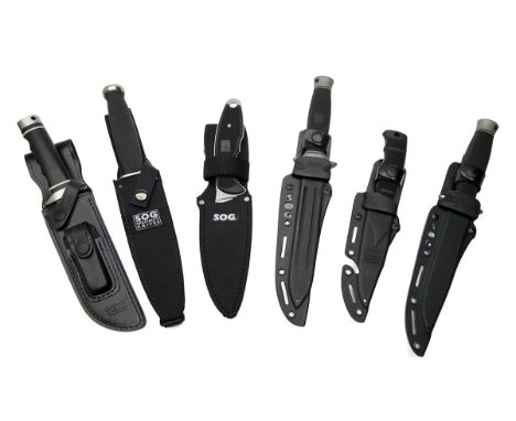 SOG, USA A COLLECTION OF SIX BOXED SHEATH-KNIVES, including a plain backed 'TEAMLEADER', a satin finished 'SEAL PUP ELITE', a