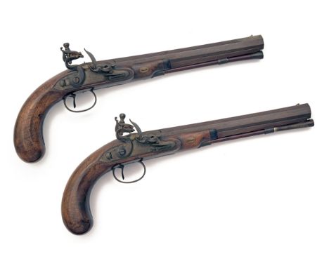 WOGDON &amp; BARTON, LONDON A PAIR OF 28-BORE FLINTLOCK DUELLING-PISTOLS, no visible serial numbers, circa 1800, with browned