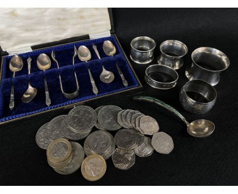 ASSORTED SILVER &amp; COLLECTIBLE COINS, including boxed set silver teaspoons, 5 napkin rings, hammered small ladle, 8 silver