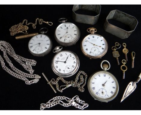 ASSORTED SILVER & POCKET WATCHES comprising two silver pocket watches, gold plated Dennison pocket watch, two white metal poc