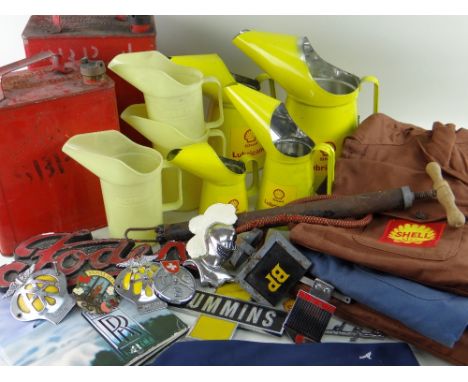 ASSORTED MOTORING MEMORABILIA, including three overalls with 'Shell' badges, 9 x 'Shell Lubricants' oil jugs, 5 x Oldham Batt