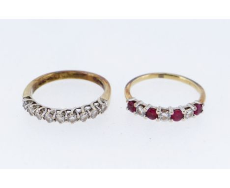 TWO YELLOW GOLD RINGS comprising 18ct gold nine stone diamond ring, together with yellow gold diamond and ruby seven stone ri