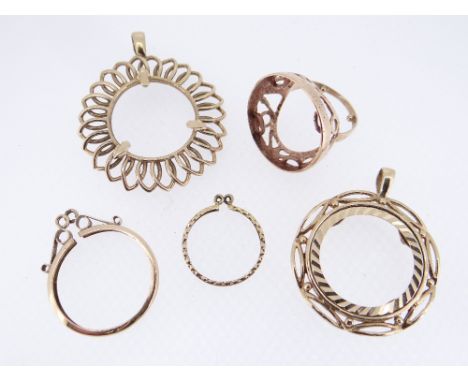 VARIOUS 9CT GOLD MOUNTS comprising four pendant mounts and a ring mount, 15.0gms overall (5)Provenance: deceased estate Neath