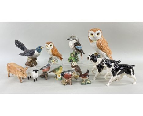 THIRTEEN BESWICK &amp; DOULTON CHINA ANIMAL MODELS, including R. Doulton spaniel and pig, Beswick 1046 barn owl, 2315 magpie,