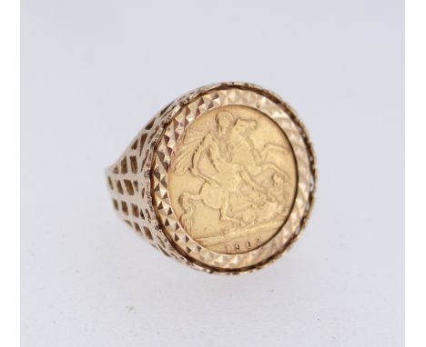 GOLD HALF SOVEREIGN RING, dated 1902, in pierced 9ct gold ring mount, ring size Q, 8.4gmsProvenance: deceased estate Ceredigi