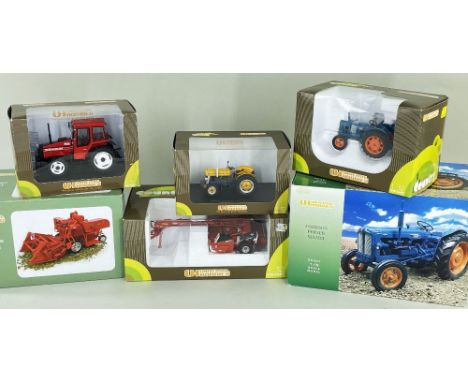 SIX UNIVERSAL HOBBIES COUNTRY COLLECTION 1:32 SCALE MODELS, comprising UH2280 Massey Ferguson, MF830 Worcester, 2618 Kuhn FC 