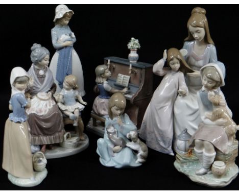 SEVEN LLADRO &amp; NAO PORCELAIN FIGURES including a Lladro group no. 5757 'Beautiful Tresses', 30cms high (7)