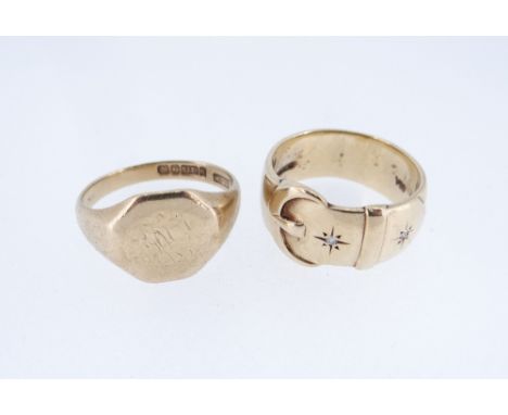 TWO 9CT GOLD RINGS comprising octagonal engraved signet ring together with diamond set buckle design ring, 11.6gmsProvenance: