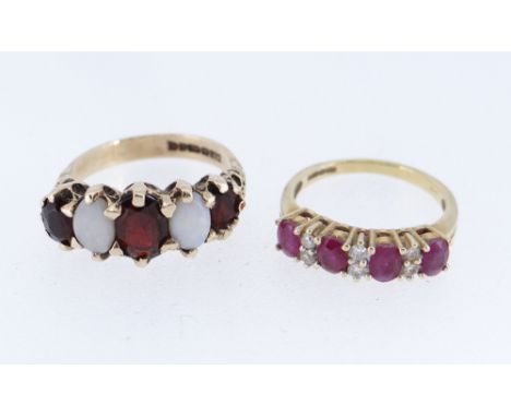 TWO GOLD RINGS comprising 9ct gold ruby and diamond chip ring, ring size J, together with 9ct gold five stone opal and garnet