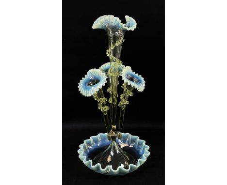 VICTORIAN GREEN OPALINE GLASS EPERGNE, central trumpet between three further below, on a circular dished base, crimped edges,