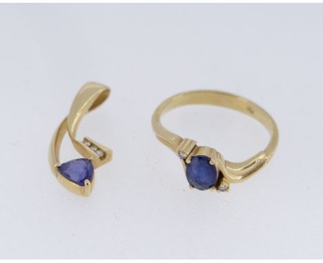 YELLOW GOLD JEWELLERY comprising sapphire and diamond chip ring, ring size L, together with sapphire and diamond pendant, bot