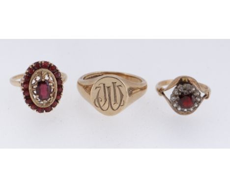 THREE 9CT GOLD RINGS comprising engraved signet ring and two 9ct gold semi-precious cluster rings, 17.7gms gross (3)Provenanc