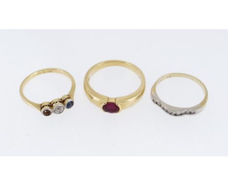 THREE GOLD GEM SET RINGS comprising 14ct gold diamond chip ring, 18ct gold and platinum diamond and sapphire ring (one stone 