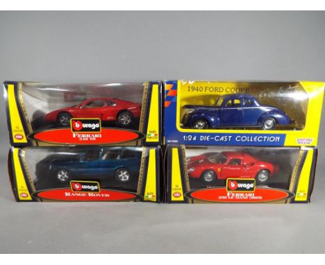 Four 1:24 scale diecast model motor vehicles to include three Bburago / Burago VIP collection models comprising Range Rover, 