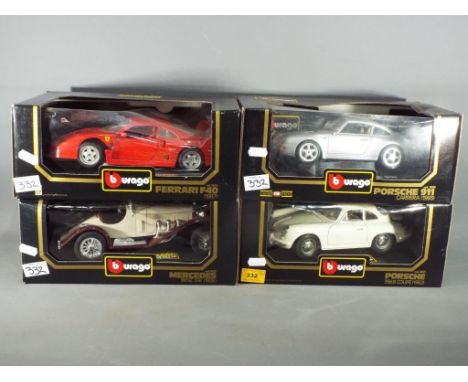 Bburago - Four boxed Bburago 1;18 scale diecast model cars. Lot consists of #3009 Mercedes Benz SSK 1928; #3032 Ferrari F40 1