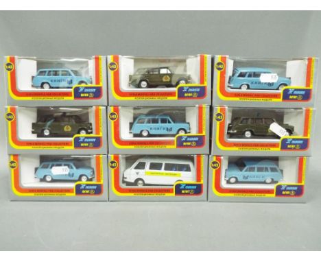 Agat USSR - Nine 1:43 scale diecast model motor vehicles by Agat contained in original window boxes. Models appear M in E to 