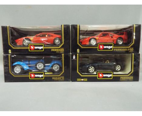 Bburago / Burago - Four boxed 1:18 scale diecast model motor vehicles by Bburago comprising # 3005 Bugatti Type 59, # 3027 Fe